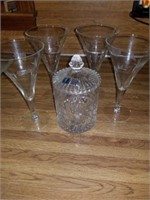 LEAD CRYSTAL JAR WITH LID AND ETCHED MARTINI GLASS