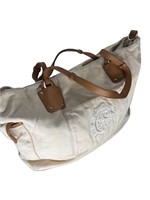 Large White Linen Brown Leather Tote Bag