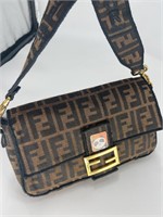 FF Brown Monogram Linen Half-Flap Baguette Bag