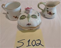 Q - HEREND HANDPAINTED CUP, PITCHER, TRINKET BOX