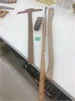 old level, iron wedge, wood handle, garden tool