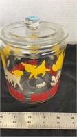 Glass canister, with animals, flowers and picket