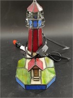Stained glass lighthouse lamp 10" tall in working