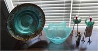 Pair of art glass herons, art glass bowl and
