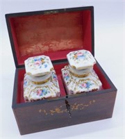 Inlaid Mahogany Box and Porcelain Perfume Bottles.