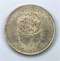 1951 Mexico Silver 5 Pesos, Forked Tongue