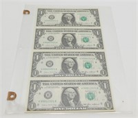 Uncut Sheet of (4) 1985 $1 Federal Reserve Notes