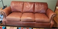 Leather 3-Cushion Sofa w/ Brass Tack Detail