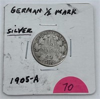 1905-A German Silver 1/2 Mark Coin, Over 100