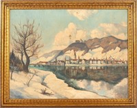European Winter River Landscape Oil on Canvas