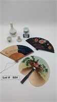 ORIENTAL FANS, SACKIE CUP, PORCELAIN VASE AND CHIN