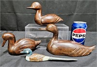 3 Hand Carved Ironwood Ducks + Letter Opener