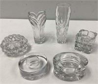 Four Crystal Tea Light Holders, Two Vases