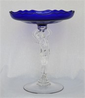8" Cambridge Glass Cobalt & Crystal Nude Compote