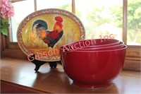 Rooster Platter & 3 Red Plastic Mixing Bowls