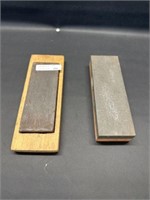 2 sharpening stones w wood block 7"