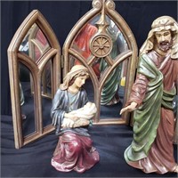 Holy family with folding mirrored 3-panel screen