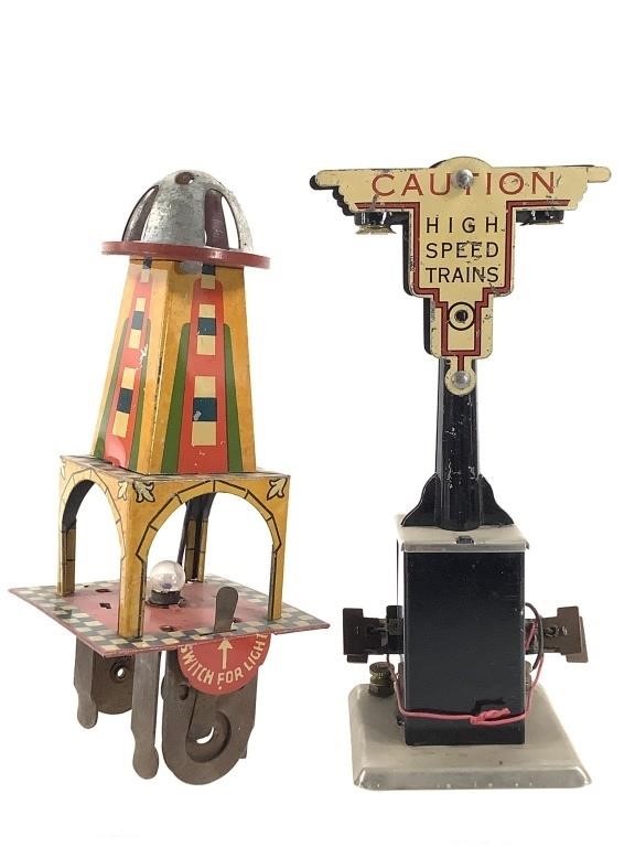 2 Battery Op. Tin Train Set Railroad Light, Sign