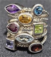 Beautiful Multi Color 8-Gemstone Ring Sz 7 1/2