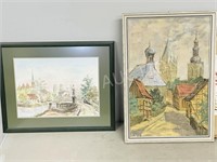 pair of framed pictures - village scenes