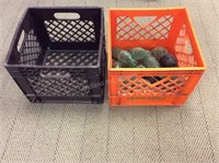 Two Milk Crates and Vintage Glass Bottles