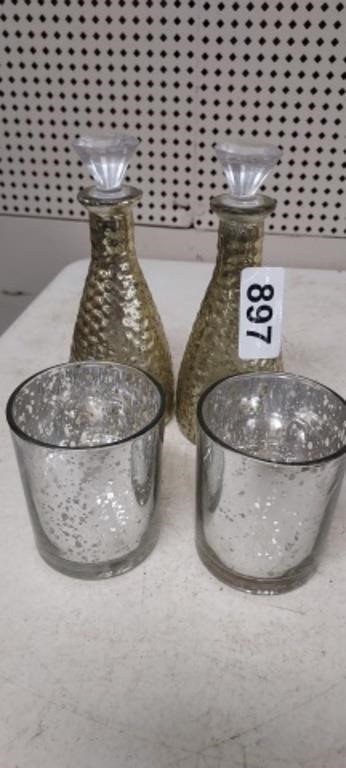 (2) CANDLE HOLDERS, 2 VINEGAR DECANTERS