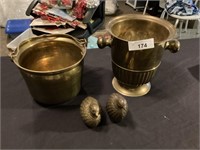 Brass champagne bucket, 2 brass doves, & brass