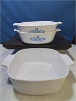 Group of 3 casserole dishes 2 are blue corn f