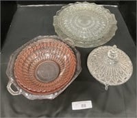 Pink Depression Glass Bowls, Glass Serving Trays.
