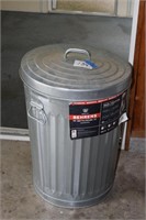 Metal trash can with wood pellets