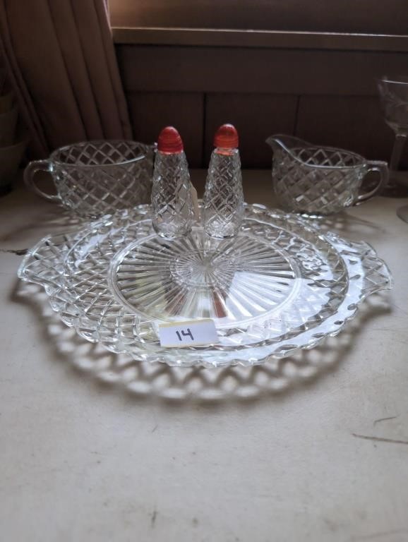 Anchor Hocking Waterford tray, sugar and creamer,