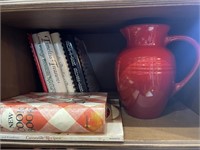 LE CREUSET RED PITCHER AND COOKBOOKS
