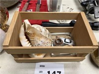 LRG. SEA SHELL, WOOD CRATE, RING, TOY CAR AND MORE