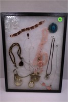 ASSORTED LOT OF JEWELRY W/ DISPLAY CASE 16X12
