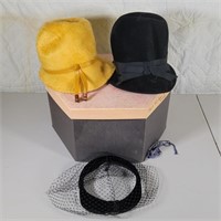 Vtg Women's Black & Tan Velvet Hats, Veil & Box