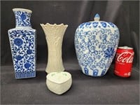 Lenox Vase, Belleek heart triket box. Blue and