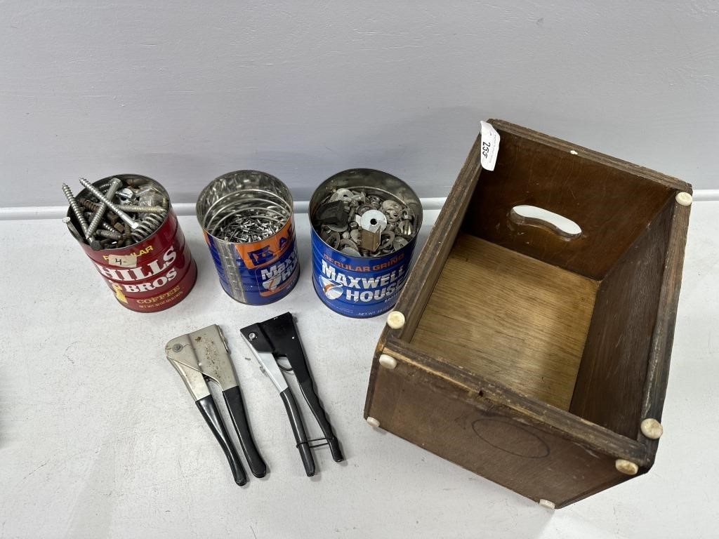 Washers, Bolts, Rivets, Wooden Box, Rivet Gun