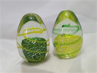 Pair of Art Glass Egg Paperweights Yellow Net