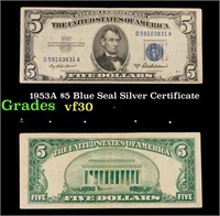 1953A $5 Blue Seal Silver Certificate Grades vf++