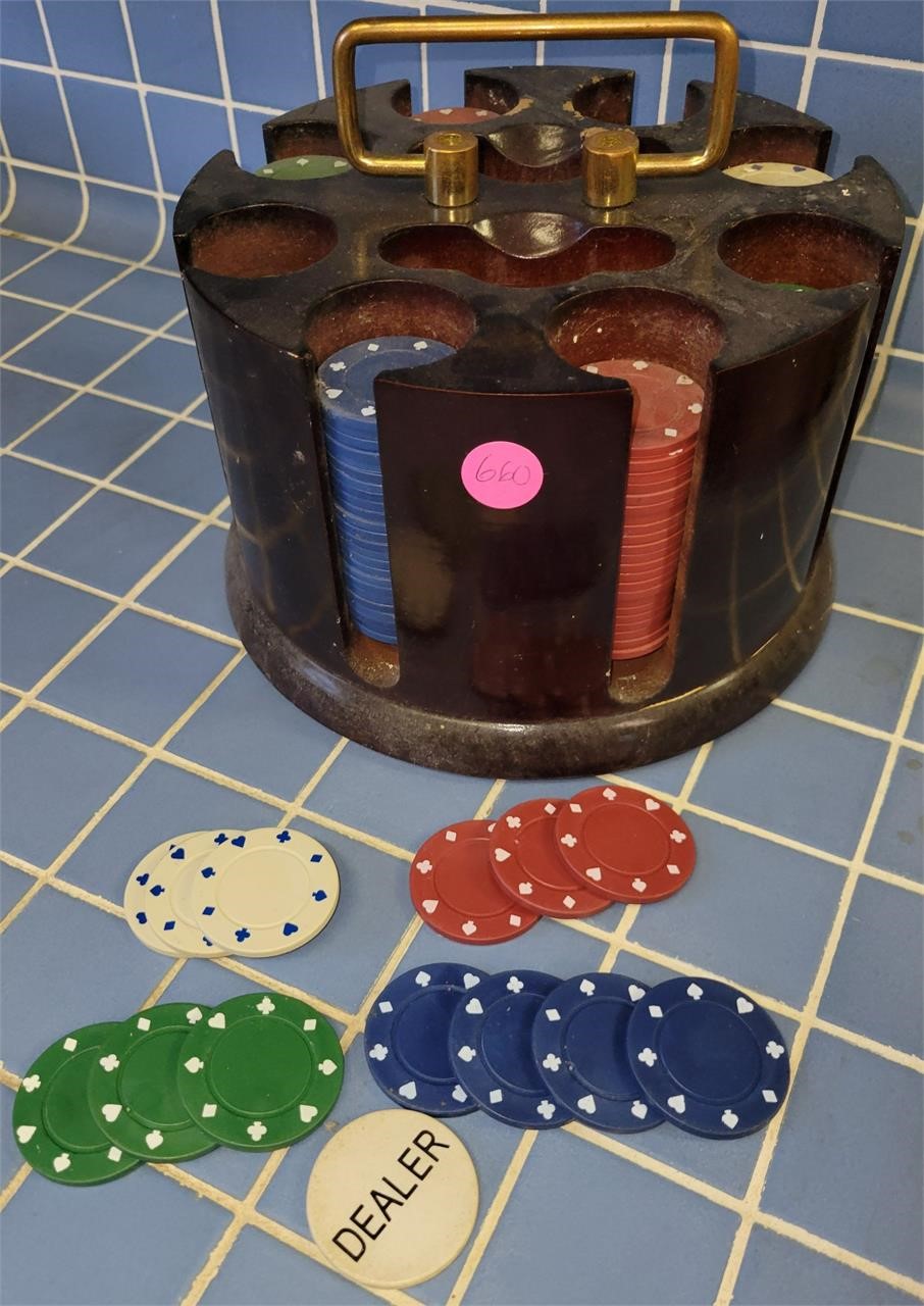 Poker chips and Wooden Caddy