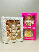 vintage tree top angel and glass ornaments