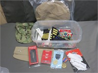 Lot of Military Medals, Ribbons, Hat, Pins