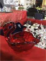 Red glass swan dish