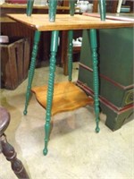 birch lamp table w/under shelves and green legs
