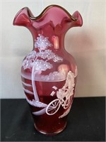 Fenton Hand Painted Cranberry Glass Vase