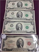 4 Two Dollar currency notes.  1953 Red Seal note