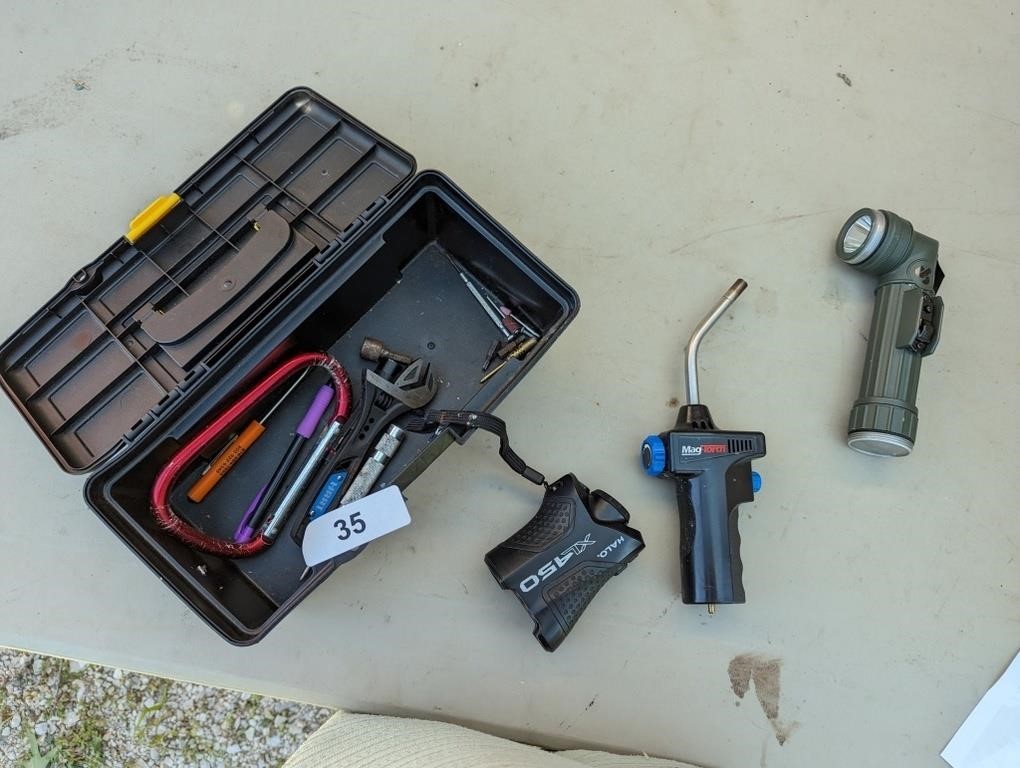 Plastic Tool Box w/ Flashlight, Torch & Other