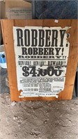 Bank Robbery Reward Poster on Wood