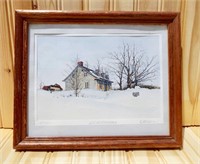 Artist signed small painting of winter farmhouse