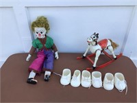 CLOWN MUSIC BOX, WOOD HORSE, CABBAGE PATCH SHOES